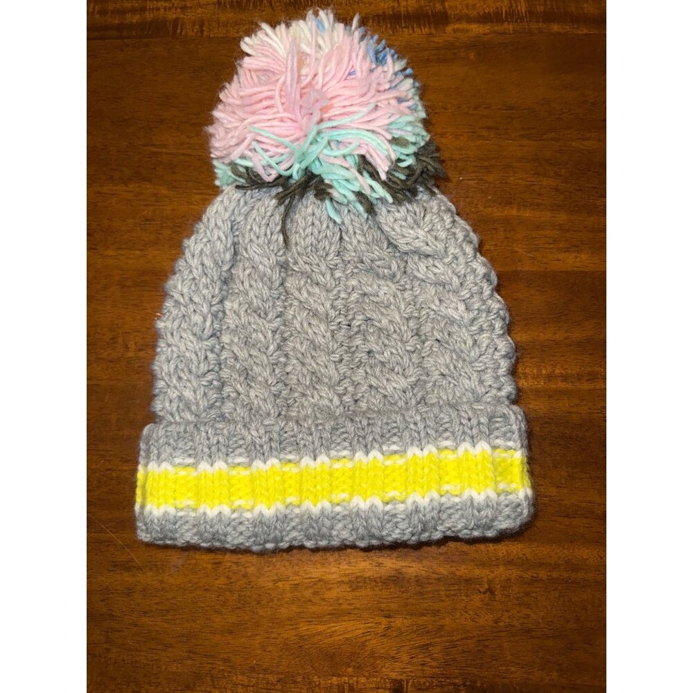 Handmade Gray Knit Pom-Pom Beanie With Yellow Stripes & Multicolor Top By Wild F